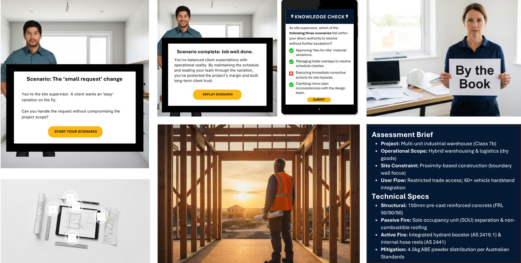 A seven-panel professional portfolio grid showcasing instructional design assets. The images include a site supervisor in a safety vest, a technical assessment brief for an industrial warehouse, interactive knowledge check screens from an e-learning module