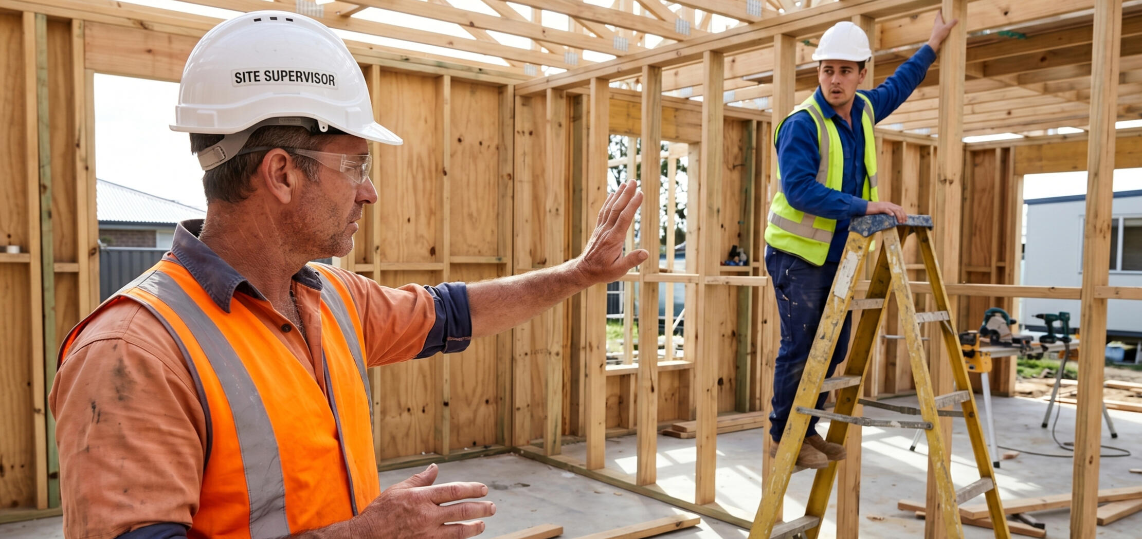 A digital simulation showing a site supervisor intervening to stop a subcontractor from using a ladder unsafely on a residential construction site.